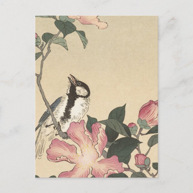 Cartão Postal Ohara Koson, Pássaros e Flores Rosa - Japonês (Frente)