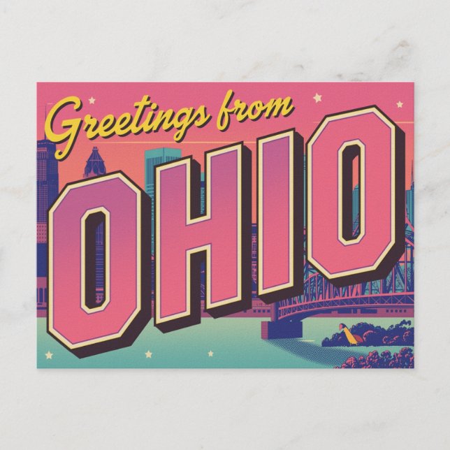 Cartão Postal Ohio City Skyline Pop Art (Frente)