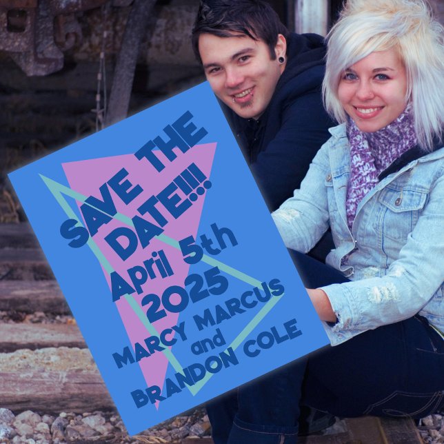 Cartão Postal Oitenta Pastéis em Blue New Wave Save-the-Date (Criador carregado)