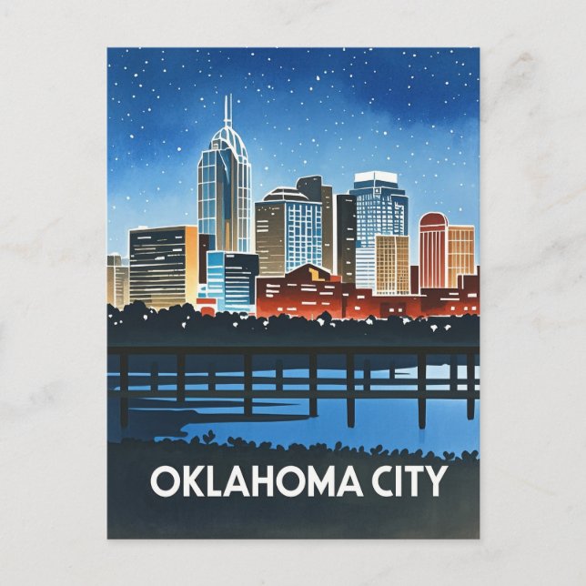 Cartão Postal Oklahoma City Night Watercolor (Frente)