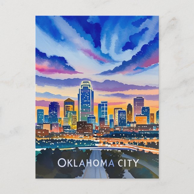Cartão Postal Oklahoma City Night Watercolor (Frente)