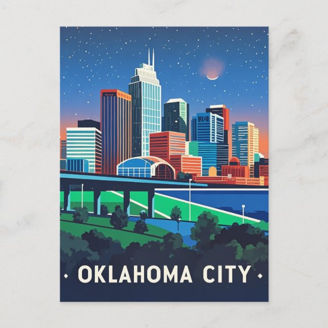 Cartão Postal Oklahoma City Night Watercolor (Frente)