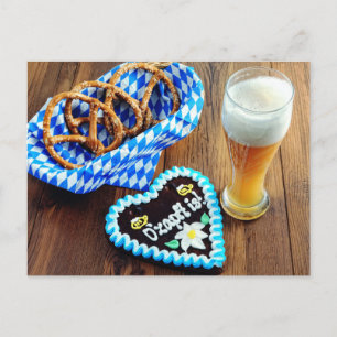 Cartão Postal Oktoberfest com Cerveja, Pretzel e pão de gengibre