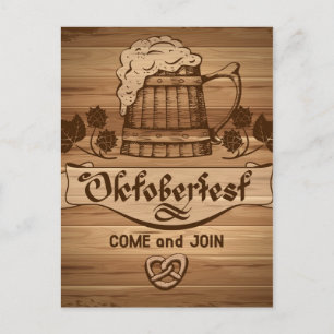 Cartão Postal Oktoberfest, poster vintage com madeira