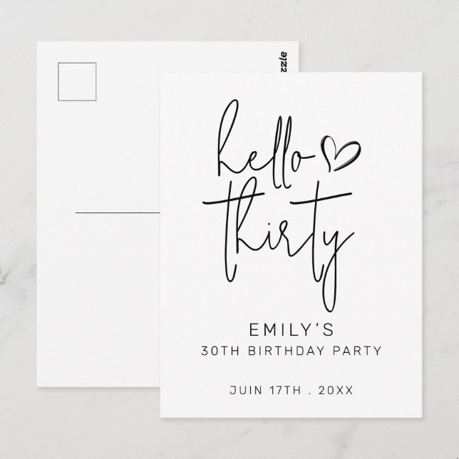 Cartão Postal Olá, 30 de aniversário, Mínimo preto, White Modern (Frente/Verso)