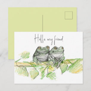 Cartão Postal Olá Amigo Sapos Galho da Árvore Desenho da Naturez