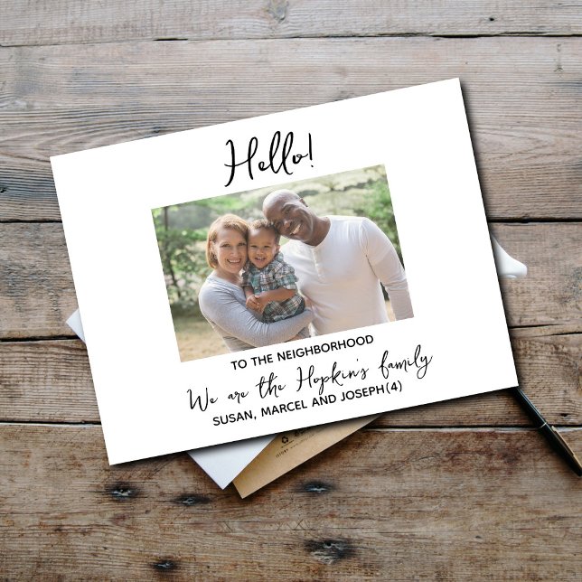 Cartão Postal Olá, editável Somos novos na foto do bairro (Criador carregado)