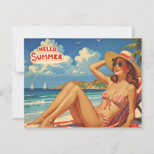 Cartão Postal Olá Mulher Retro de Verão na Praia