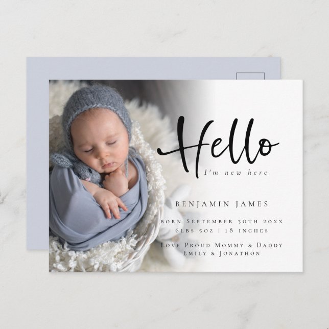 Cartão Postal Olá Nova Foto do Bebê Azul Anúncio de Nascimento (Frente/Verso)