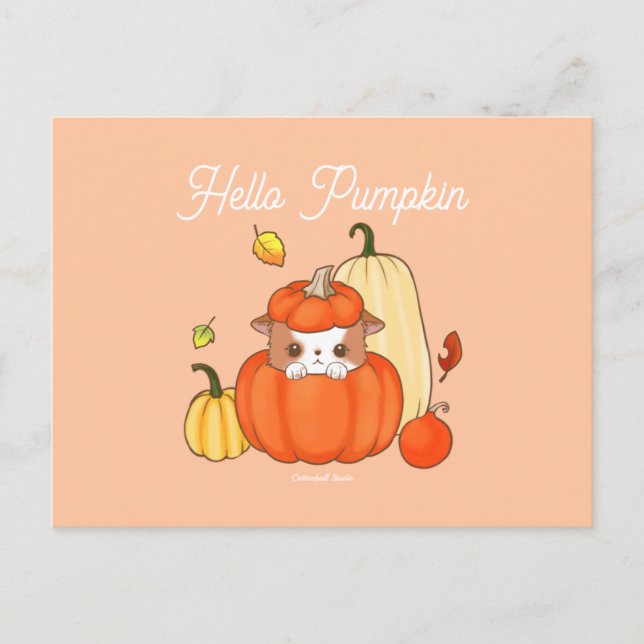 Cartão Postal Olá, Pumpkin Puppy, um Pumpkin Cute Kawaii (Frente)