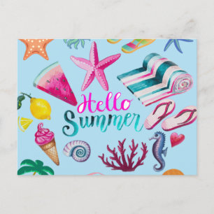 Cartão Postal Olá Verão Colorido Praia Oceano Temático