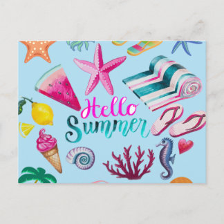 Cartão Postal Olá Verão Colorido Praia Oceano Temático