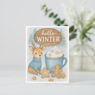 Cartão Postal Olá Winter.Cozy Reindeer, Cacau Quente, Pão Ginger