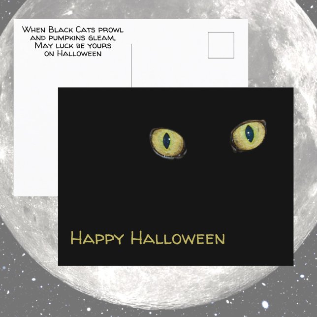 Cartão Postal Olhos de Gato Amarelo Feliz Halloween Fotográfico  (Criador carregado)
