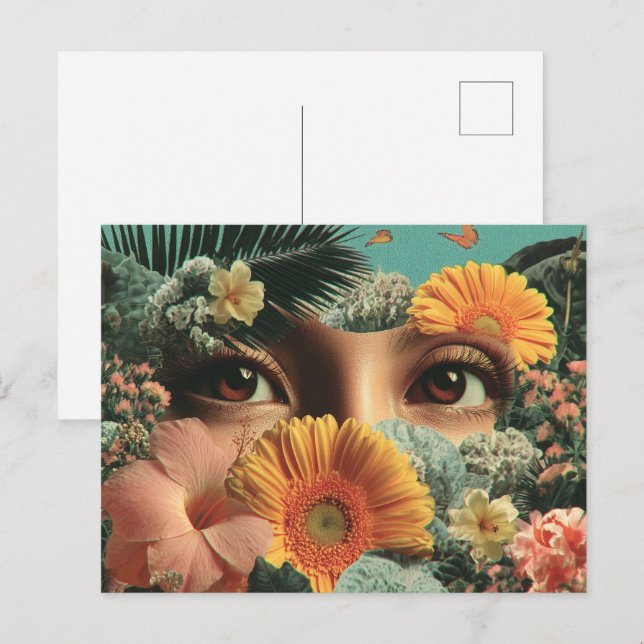 Cartão Postal Olhos Surreais e Flores com Borboletas (Frente/Verso)