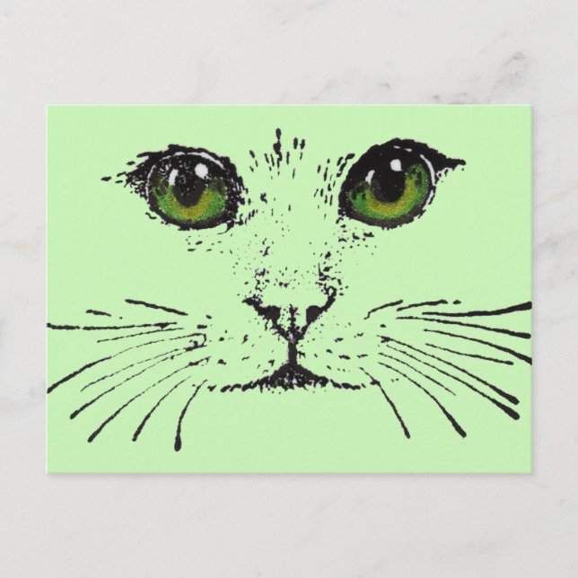 Cartão Postal Olhos Verdes Vibrantes De Desenho Preto De Gato (Frente)
