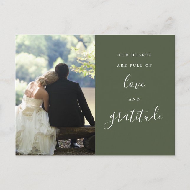 Cartão Postal Olive Green Script Foto Casamento Agradecimento (Frente)