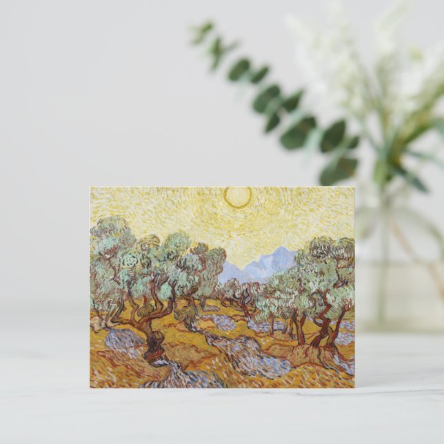 Cartão Postal Oliveiras com céu amarelo e sol (Em pé/Frente)