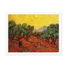 Oliveiras com céu amarelo e sol