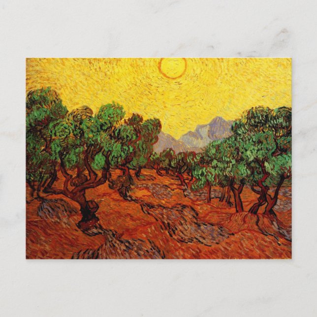 Cartão Postal Oliveiras com Céu Amarelo e Sol Van Gogh (Frente)