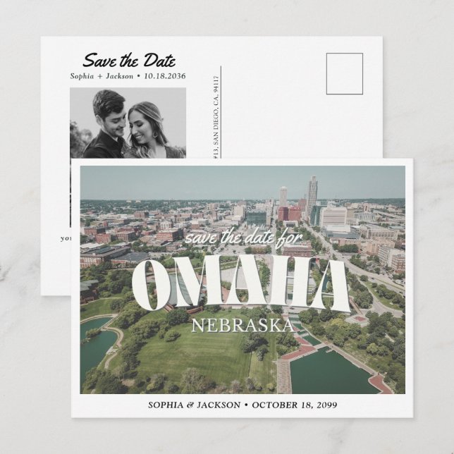 Cartão Postal Omaha Wedding Save the Date Retro Skyline (Frente/Verso)