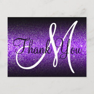 Cartão Postal Ombre Preto Glitter Violeta Monograma Obrigada