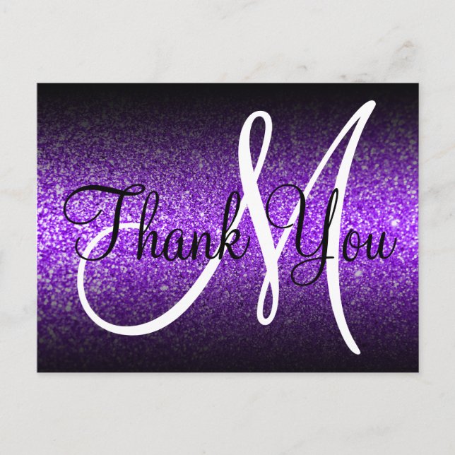 Cartão Postal Ombre Preto Glitter Violeta Monograma Obrigada (Frente)