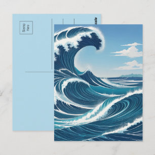 Cartão Postal Onda do Oceano Azul com Céu Azul Nuvem Branca