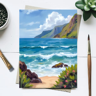 Cartão Postal Ondas Azuis da Costa Pintura em Aquarela