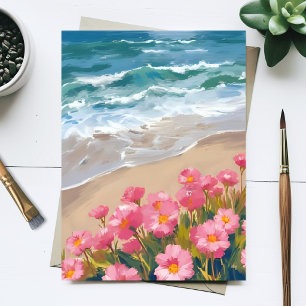 Cartão Postal Ondas da Praia Aquarela Pintura Floral Rosa da Cos
