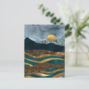 Cartão Postal Ondas De ouro Sob Montanhas Ligadas À Lua