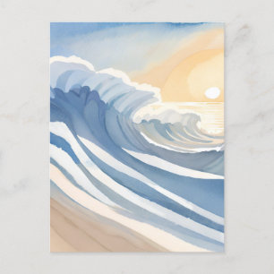 Cartão Postal Ondas do Oceano Aquarela Azul