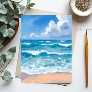 Cartão Postal Ondas do Oceano Azul Aquarela do Mar da Praia