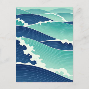 Cartão Postal Ondas do Oceano Azul Turquesa Estilo Japonês