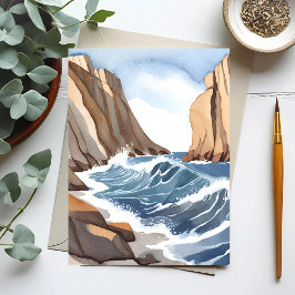 Cartão Postal Ondas do Oceano Batendo | Aquarela de Praia Costei