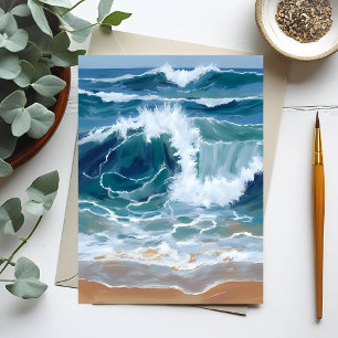Cartão Postal Ondas do Oceano em Fúria Aquarela Azul Costeira