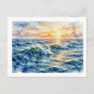 Cartão Postal Ondas do Oceano Iluminadas pelo Sol,