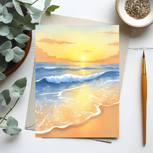 Cartão Postal Ondas do Oceano Pôr do Sol Aquarela de Praia