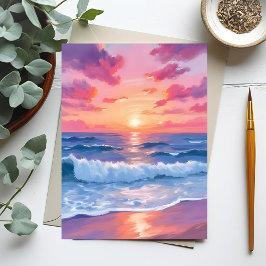 Cartão Postal Ondas do Oceano Rosa Pôr do Sol Aquarela