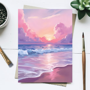 Cartão Postal Ondas do Oceano Rosa Suave Pôr do Sol Pastel Aquar