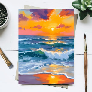 Cartão Postal Ondas do Pôr do Sol Dourado Pintura em Aquarela