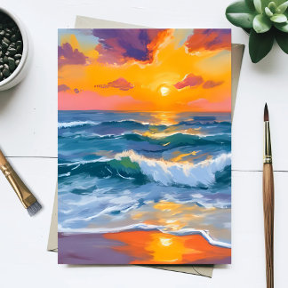 Cartão Postal Ondas do Pôr do Sol Dourado Pintura em Aquarela