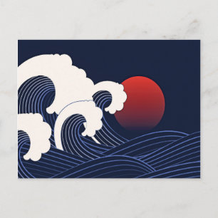 Cartão Postal Ondas marinho Azul Japonesas com Desenho de Lua Ve