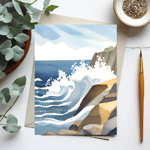 Cartão Postal Ondas Quebrando Aquarela de Costa Rochosa
