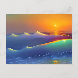 Cartão Postal Ondas Teais Etéreas e Pôr do Sol Laranja