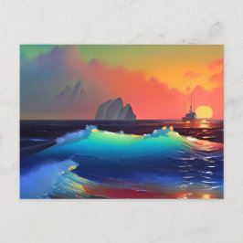 Cartão Postal Ondas Teais Etéreas, Navio e Pôr do Sol Rosa
