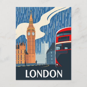 Cartão Postal Ônibus Vermelho de Londres & Big Ben Viagem Vintag