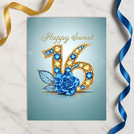 Cartão Postal Opulento Azul Safira Cristal Rosa Dourada Sweet 16