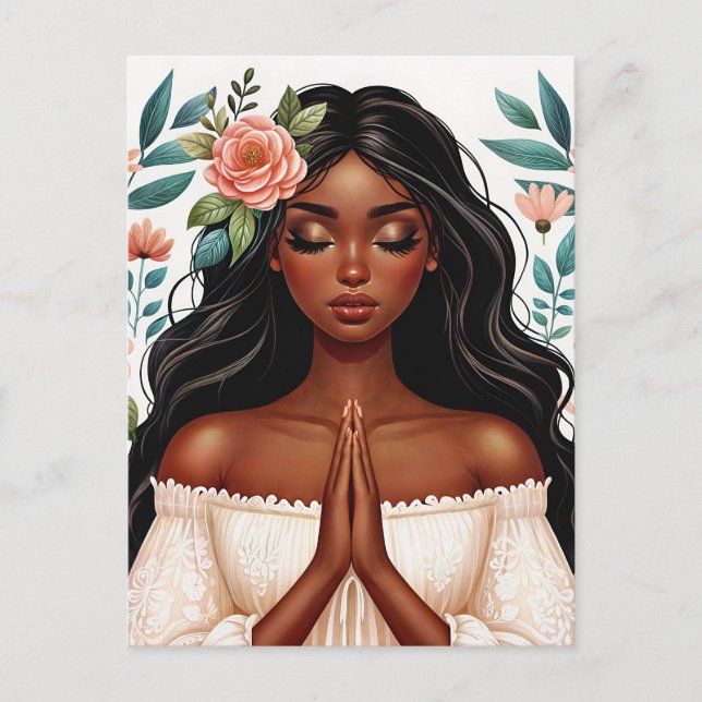 Cartão Postal Orando Mulher Negra Arte Americana Floral Africana (Frente)