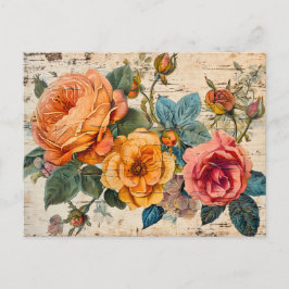 Cartão Postal Orange and Pink Roses on Rustic Wood